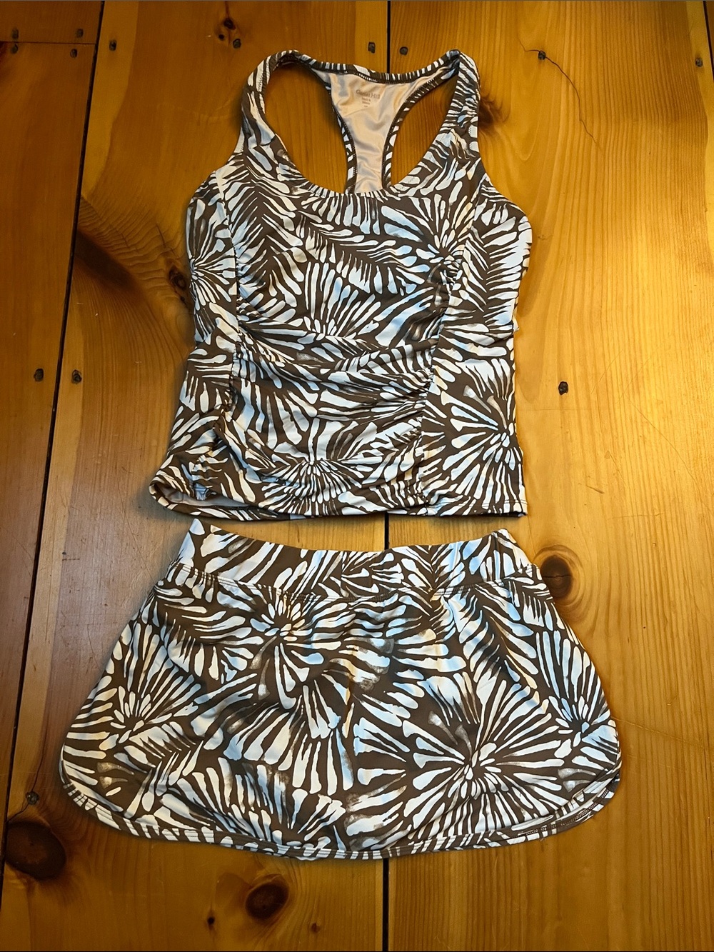 GARNET HILL 6/8 Brown Bathing Suit Set Tankini Ruched & Swim Skirt Printed